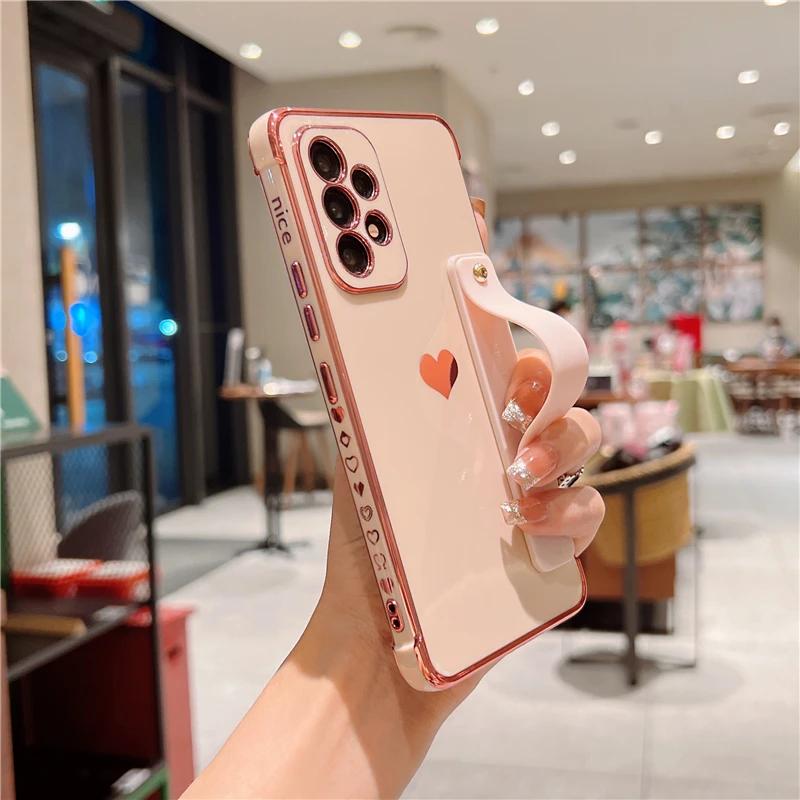 Pokovovaný silikonový pouzdro s řemínkem na zápěstí pro Samsung Galaxy S25 S24 S22 S21 S23 Ultra Plus A55 A52 A54 A53 5G Nárazuvzdorné pancéřové kryty