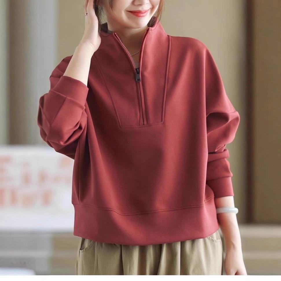 Dámská mikina se stojáčkem na poloviční zip, volného střihu, s dlouhým rukávem, pulovr, ležérní top, nadměrná velikost