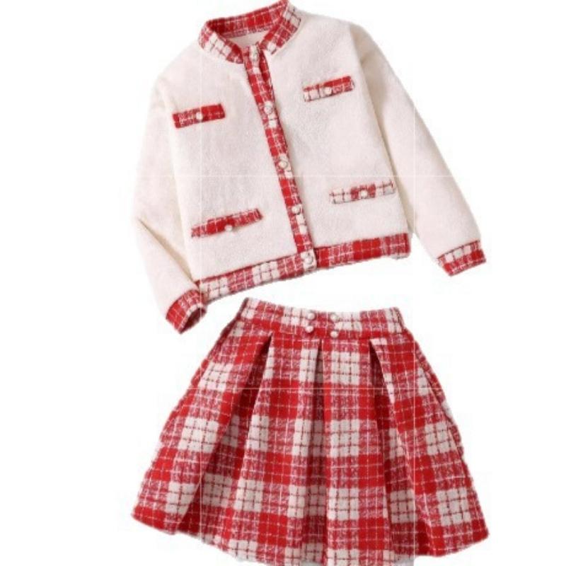 Süßes Mädchen-Set: Herbst Kinder Mode Roter Karorock & Florale Kurzarmjacke Zweiteiliges Set