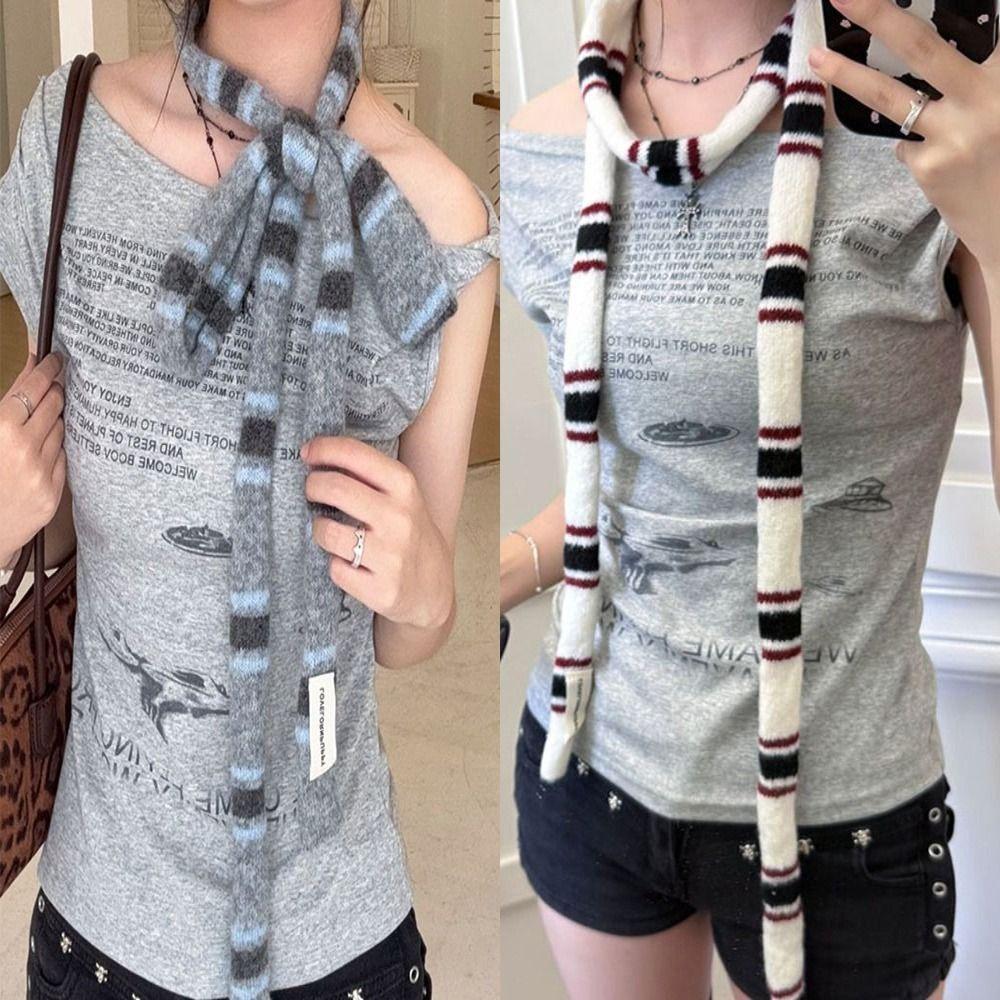 Korean Knitted Striped Skinny Scarf Stackable Wear Warm Decorative Scarf Soft DIY Strip Neck Scarf Fashion Match