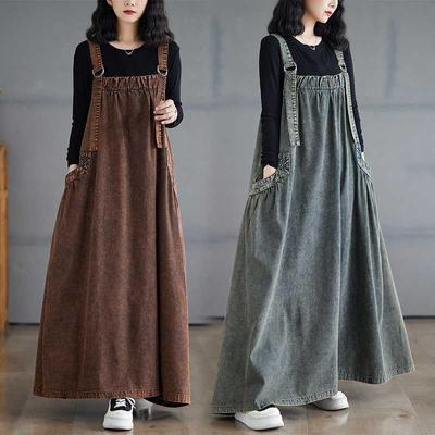 Spring, Summer, Autumn and Winter Craftsmanship Denim Stir-fried Color Retro Loose Slimming Denim Halter Dress Long Swing Dress