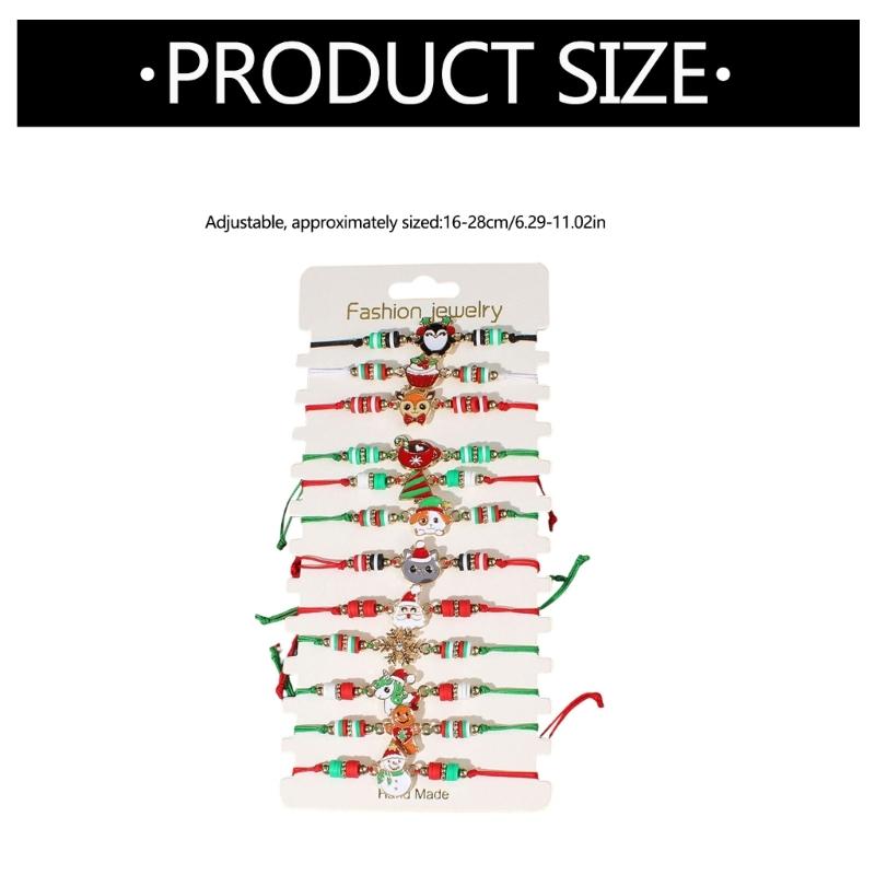 Festive Adjustable Rope Bracelet Set With Santa Claus Snowman Charm 12PCS Zinc Alloy Holiday Gift For Women