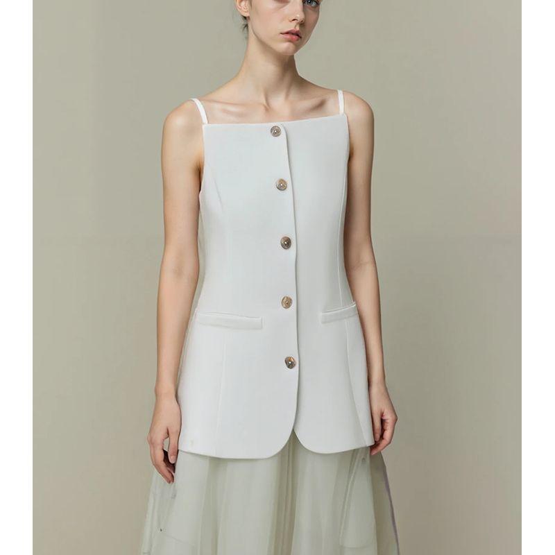 Summer New Product Women's Clothes Commute Style Square Collar Sleeveless Single Breasted White Suspender Mid Length Long Length Vest Jacket
