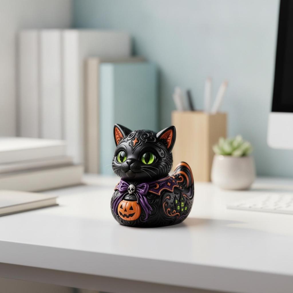 Cat Figurine with Jack-O'-Lantern Playful Pumpkin Decoration Gothic for Desks