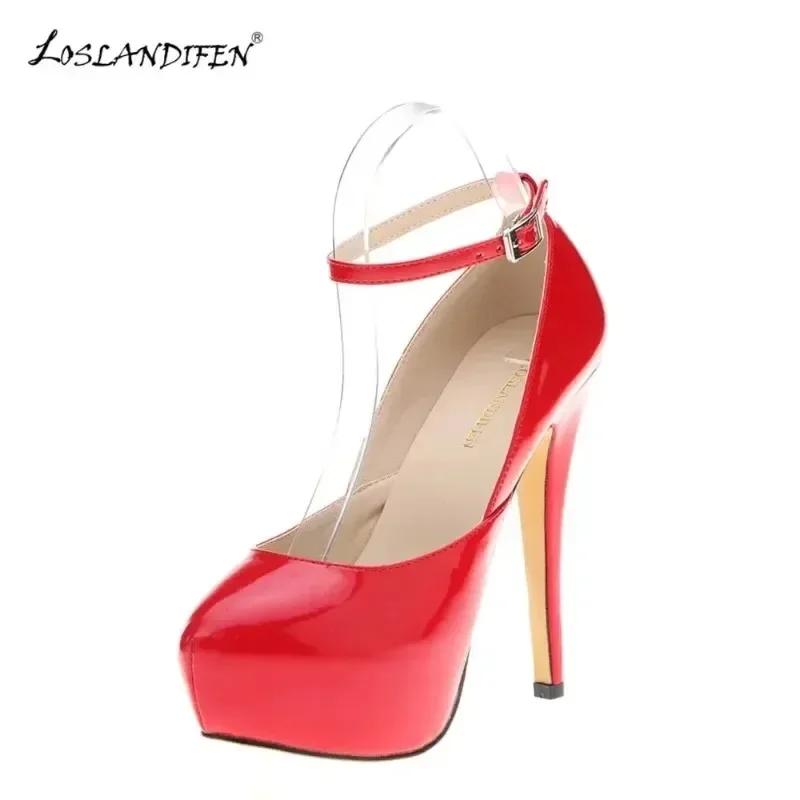 Women Sandals Pumps Sexy 14cm Extremely Thin High Heels Platform Peep Toe Stiletto Patent Leather Party Nighclub Wedding Shoes