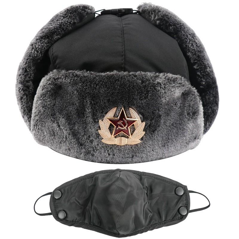 Winter Warm Military-Style Earflap Hat Men Women With Embroidered Soviet Emblem Windproof Outdoor Cap
