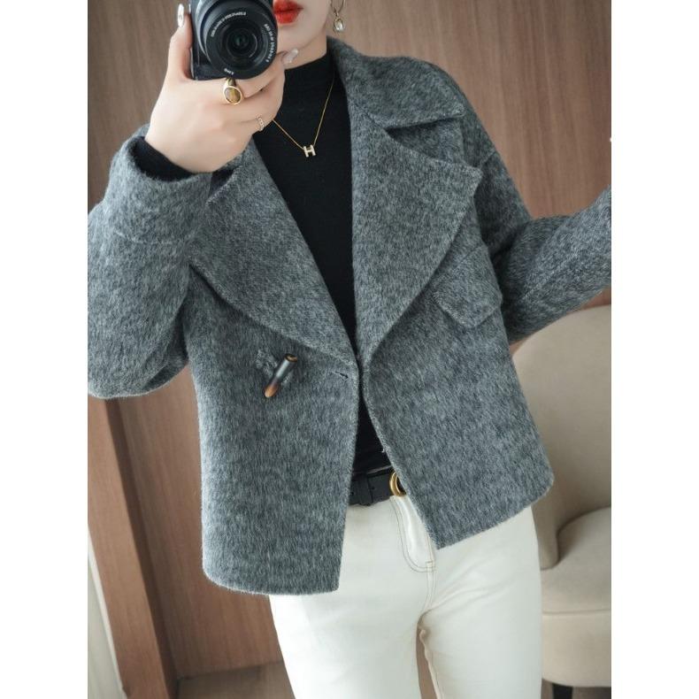 Women's Wool Coat Short Style with Lapel Collar Double Breasted Design
