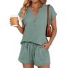 Women's V-Neck Short Sleeve Top and Drawstring Shorts Set In 4 Colors