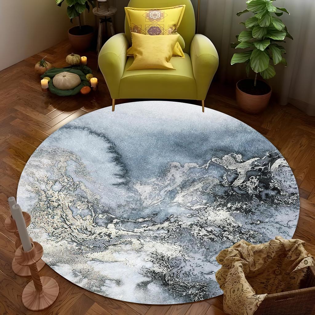 Round Ink Wash Art Carpet - Ethereal Mountain Mist Texture, Handpainted Abstract Rug for Zen Living Room, Meditative Decor