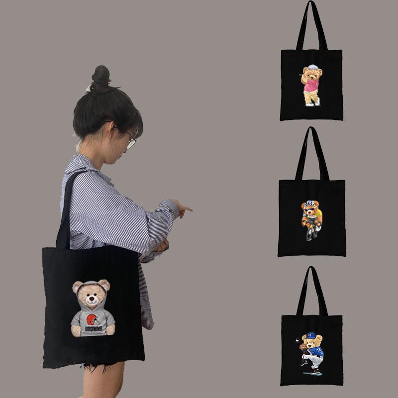 Women Shopping Bag All-match Bear Series Handbag Foldable Reusable Cloth Shopper Harajuku Style Bag Student Canvas Tote Bag