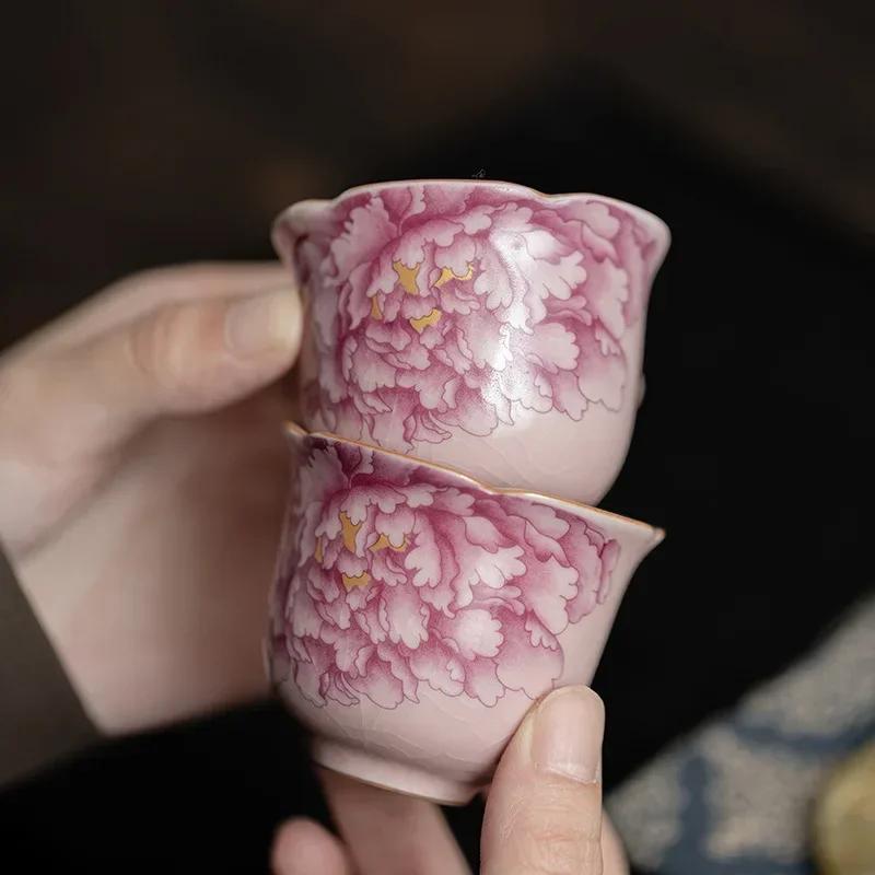 

Peony Ru Yao Porcelain Gaiwan Set For Tea Tureen Teaware Cup Chinese Pink Ceramic Opening Tea Bowls Chawan Tea Ceramony 130ml