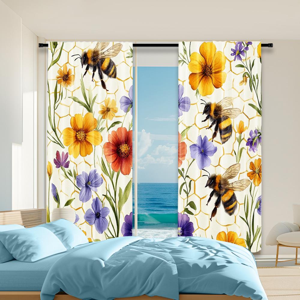 

2 pcs versatile polyester transparent curtains for home decoration Flowers And Bees for use in bedrooms and living rooms 100*130 Rod Pocket 1pcs