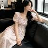 Sweet pleated bubble sleeves floral square neck dress women's summer waist super fairy French A word medium and long dress