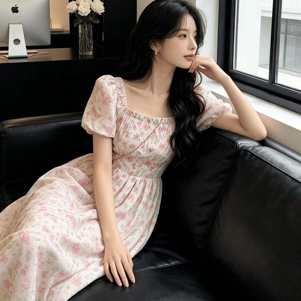 Sweet pleated bubble sleeves floral square neck dress women's summer waist super fairy French A word medium and long dress