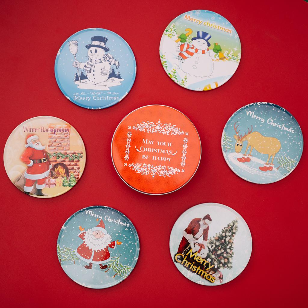 Christmas Themed Delightful Round Tin Coasters With Cute Cartoon Designs For Kids And Family