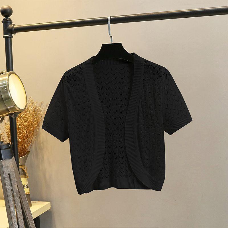 

Cut Out Knitting Cardigan Women s Short Sleeve Outer Wear Ice Silk Summer Thin Suspender Skirt Slim Looking Small Shawl Tops Short Black(JE-8507) M