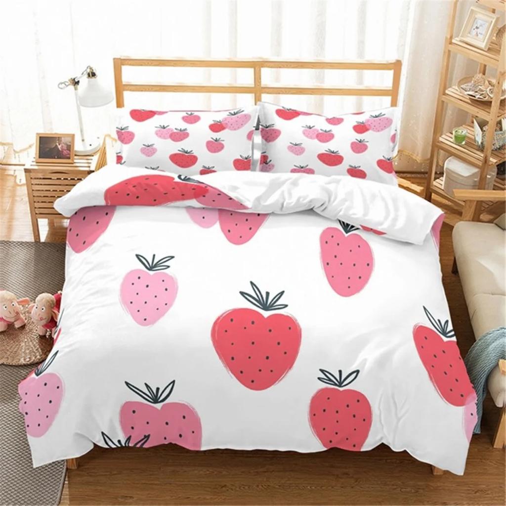 Strawberry Duvet Cover Set Cartoon Pink Fruit Print Comforter Cover Set for Boy Girl Teen Sweet Strawberry Room Decor Bedding