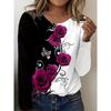 Ladies' Casual Long Sleeved T-shirt - Red Rose Flower Print with Black and White Contrasting Cuffs