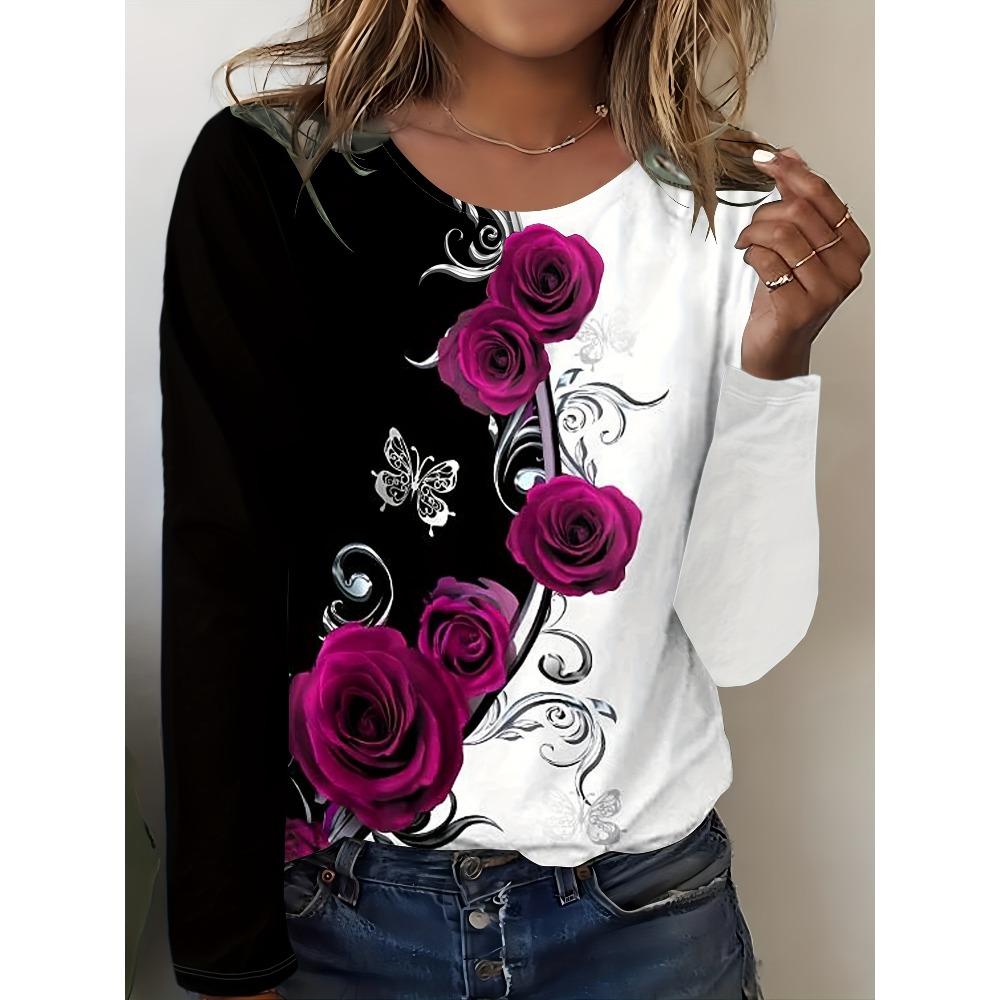 Ladies' Casual Long Sleeved T-shirt - Red Rose Flower Print with Black and White Contrasting Cuffs