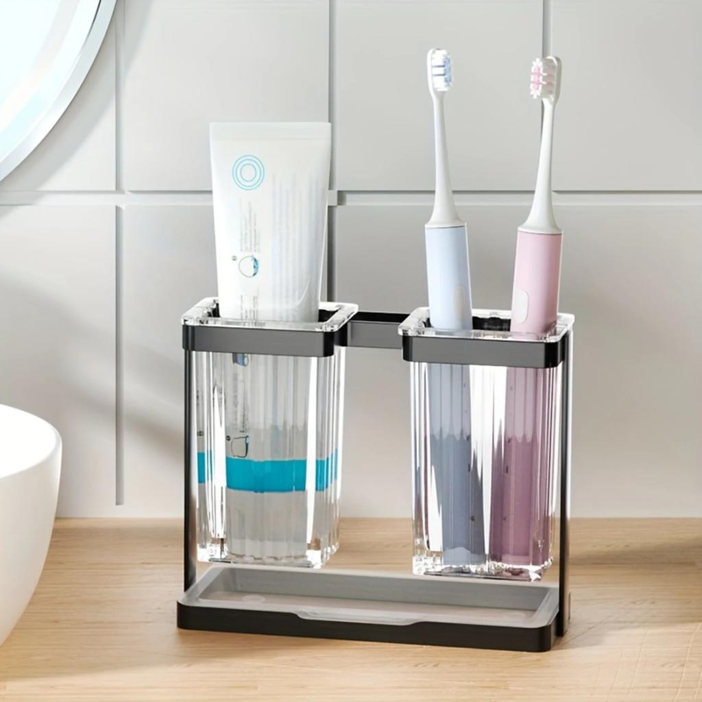 1pc Multifunctional Toothbrush Holder - Iron and Transparent Plastic Box with 2 Slots for Toothbrushes - Bathroom Organizer an