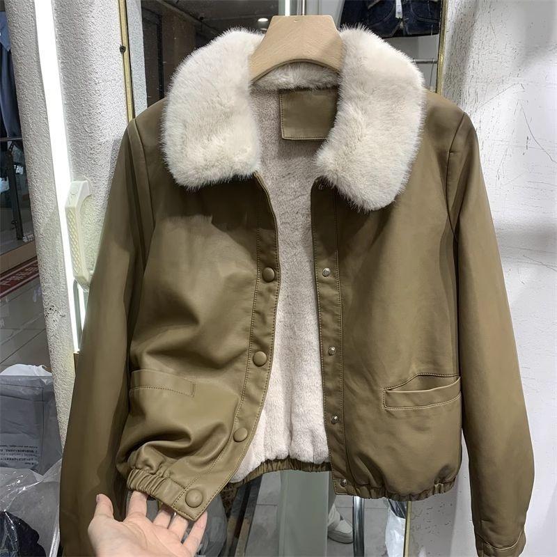 New fleece thickened short leather jacket fashion autumn and winter coat small fur collar leather jacket