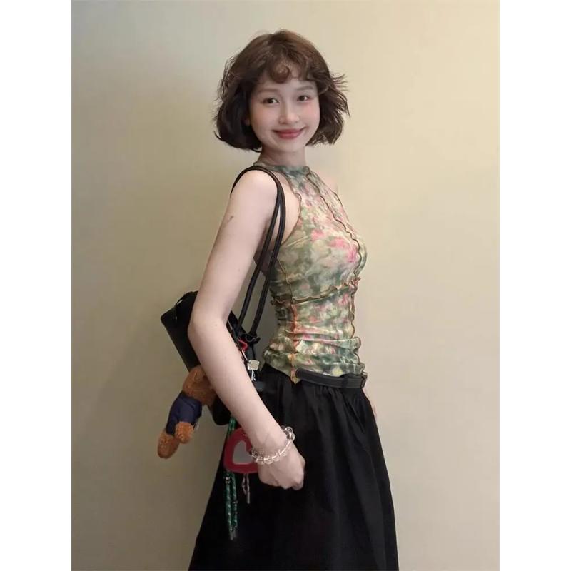 Women's Halter Sleeveless Top Watercolor Floral Print Ruched Slim Fit Casual Fashion Blouse