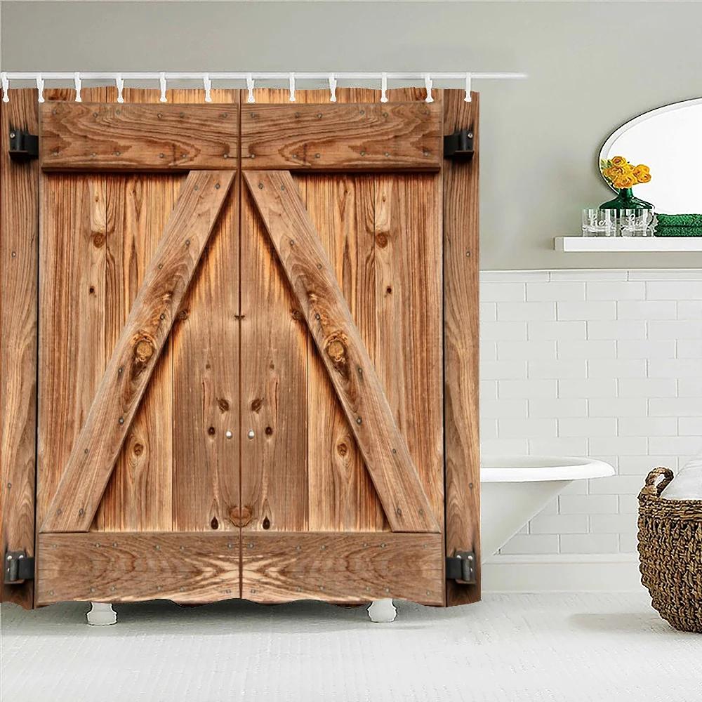 Wall Hanging Bath Screens Geometric Shower Curtain Bathroom Waterproof Retro Old Wood Grain Decor Multi-size Shower Curtains