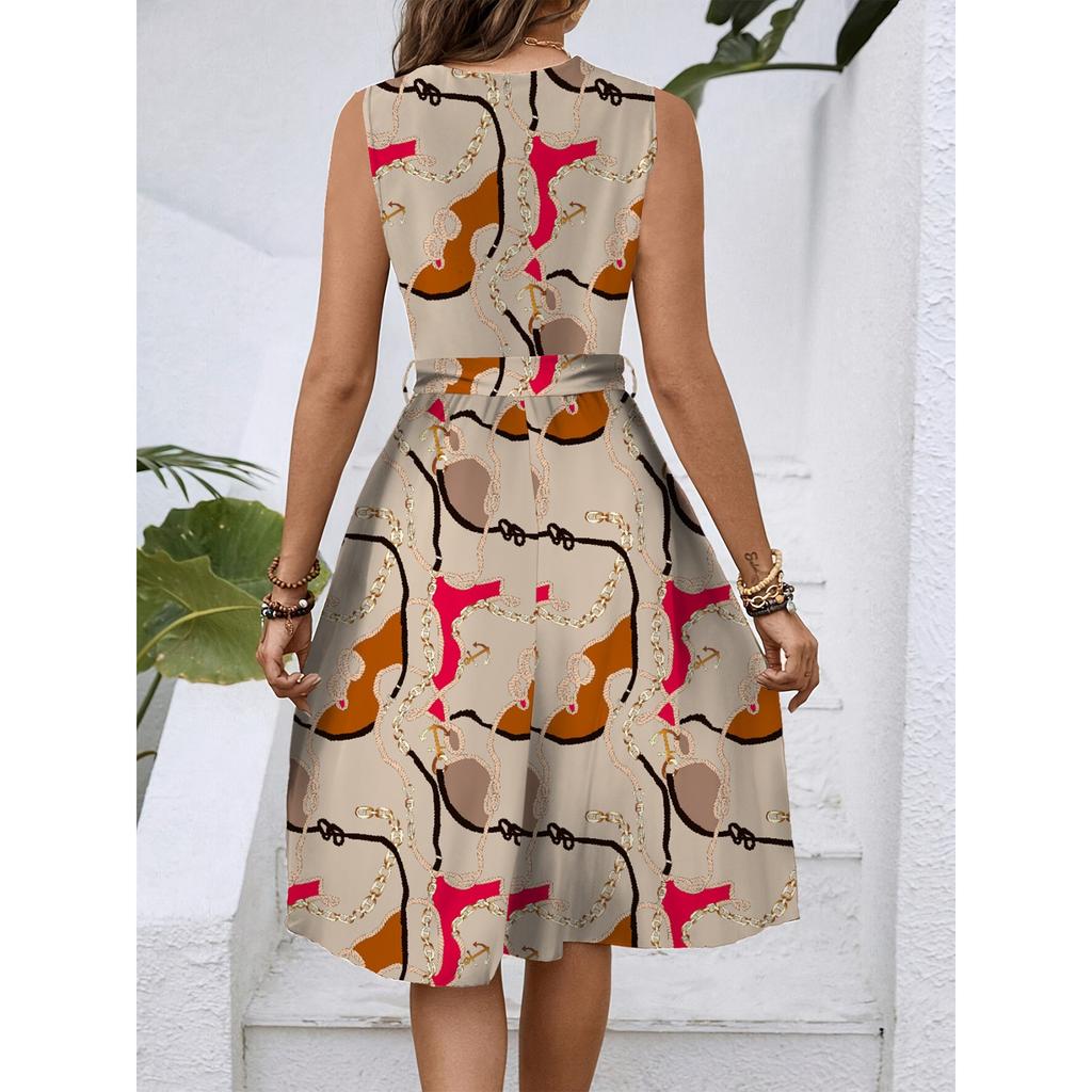 Kadın İlkbahar Ve Yaz Günlük V Yaka Kolsuz Belden Oturtmalı Çiçek Desenli Midi Elbise