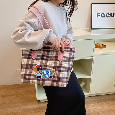 Kostkovaná plátěná taška dámská podzimní nová trendy módní nákupní taška všestranná velkokapacitní taška přes rameno