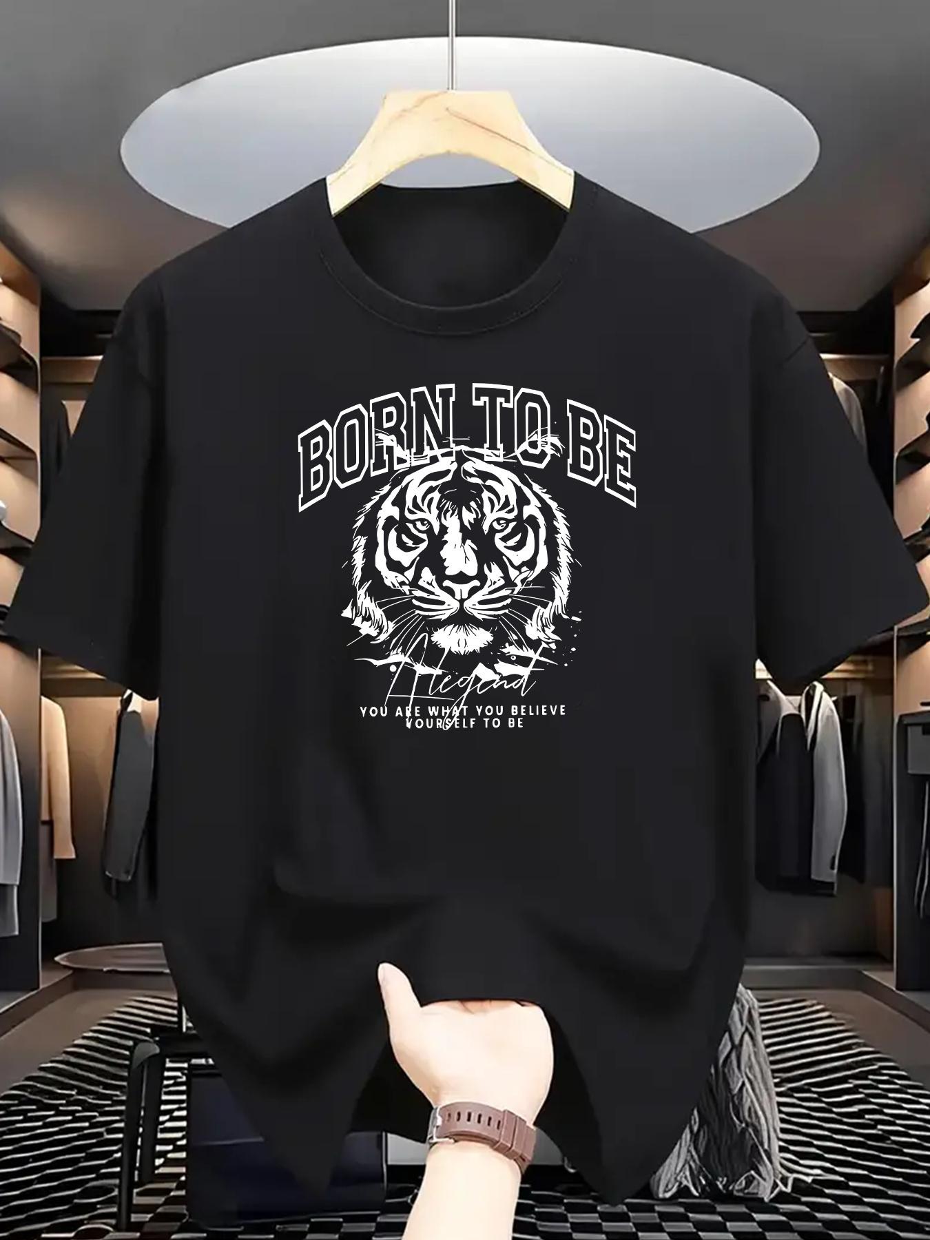 Black Crew Neck T-shirt with Bold Born to Be Free Letter Print & Tiger Graphic - Breathable Polyester S