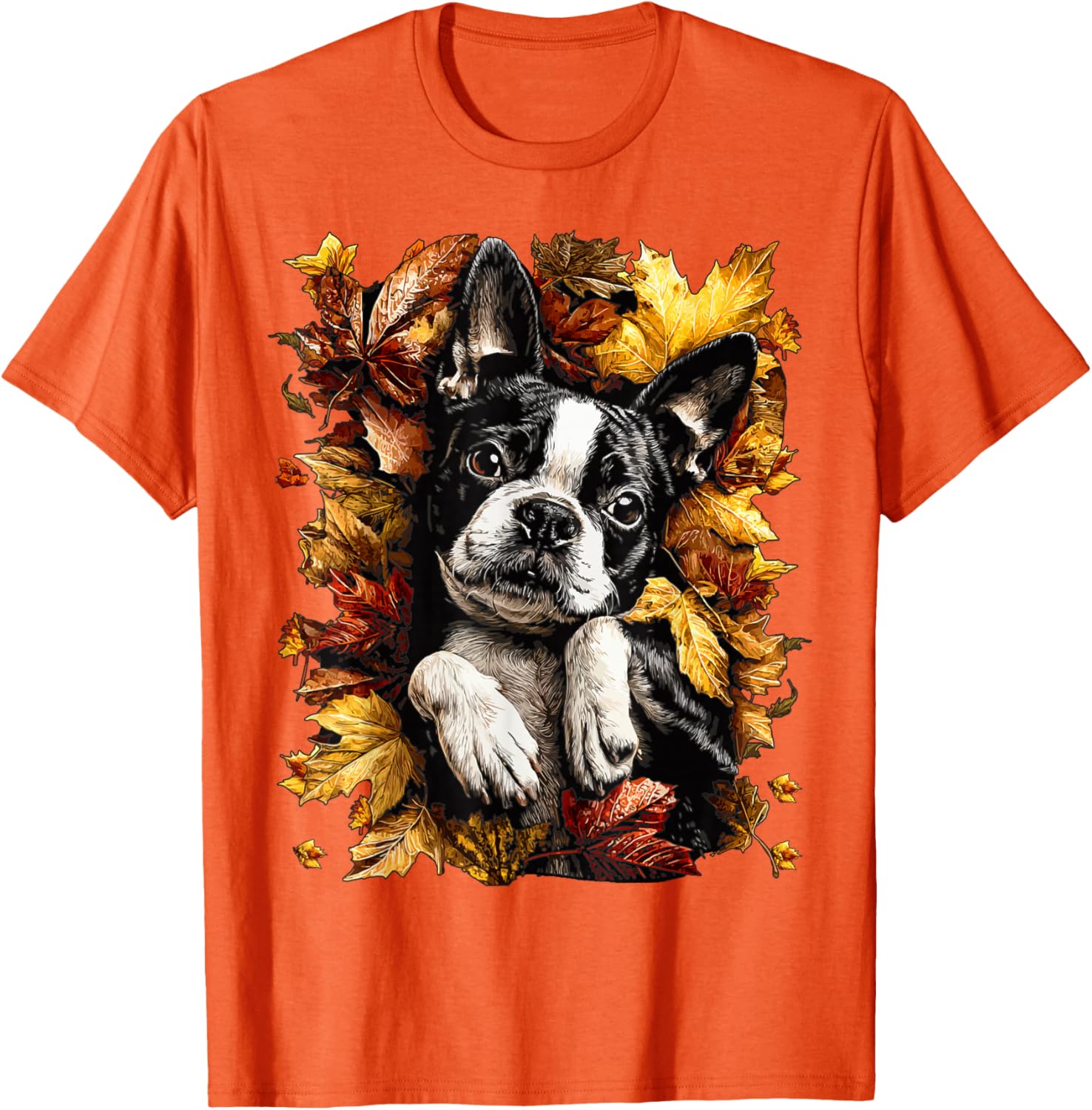 

Boston Terrier Cute Puppy Autumn Leaves Fall Season Graphic T-Shirt Breathable Cotton Casual Tee 4XL