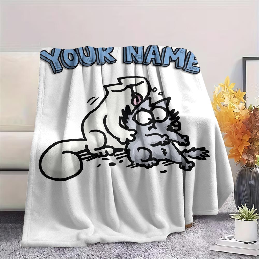 1PC Custom Name Simon‘s Cat Patterned Flannel Blanket Suitable For All Seasons for Home Decor Warmth and Comfort Gifts Holiday Present