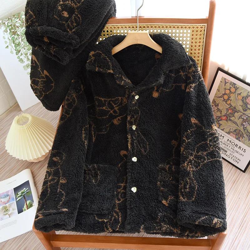 Autumn/Winter Updated Couple Sleepwear Kit Flannel Thickened Long Sleeve Pants for Men and Women Coral Fur Home Fur