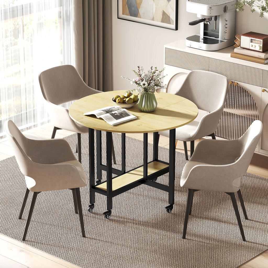 Folding Dining Table on Casters, Seats 4, Integrated Shelf, 100 x 100 x 75 cm, Oak