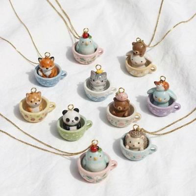 Collier Pendentif Animal Tasse à Thé Dessin Animé Amusant Ensemble Collier 3D Tridimensionnel DIY Pendentifs Lapin Chat Mode Accessoires Bijoux
