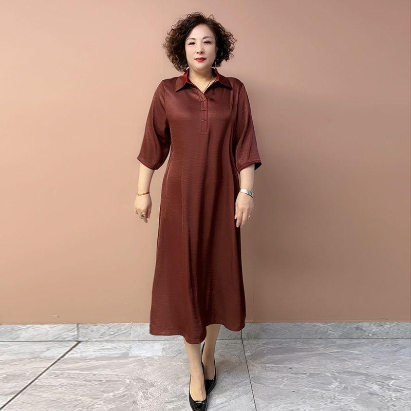 Women’s Silk Dress Summer Lapel Plus-size Dress Solid Color Soft Skin-friendly Breathable Silk Long Dress