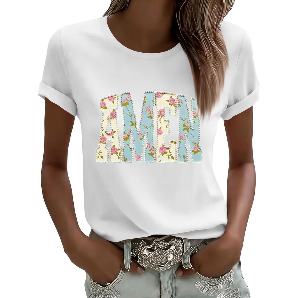 Women's Casual Printed T-Shirt Round Neck Pullover Short Sleeve Top