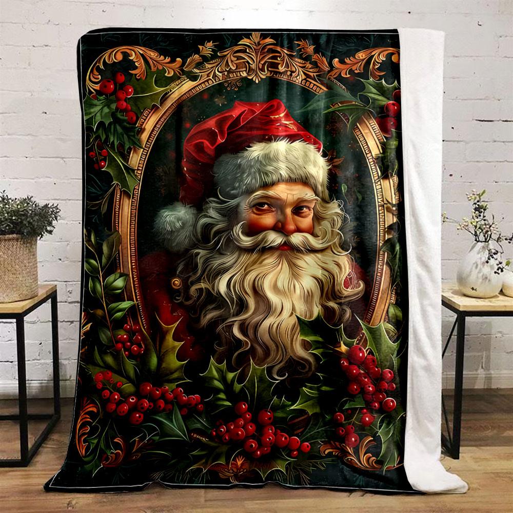 Christmas Themed Santa Print and Holly Berry Decor bedroom Blanket for Livingroom Couch lunch break Soft throw for Friend's festival Gift