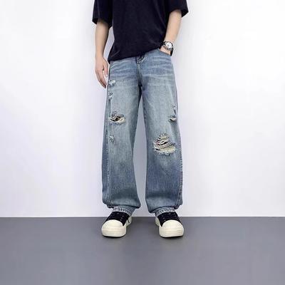 American Retro Ripped Jeans Men's Summer New Trendy Brand Design Sense Loose Straight Wide Legs Casual Long Pants