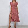 Summer Floral Maxi Dress for Women V Neck Short Sleeve Ruffle Hem Wrap Dress Boho Casual Split Flowy Beach Long Dress