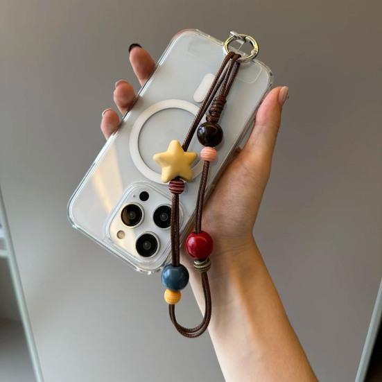 Handy-Lanyard Dickes Ölwachs-Seil Handgeflochten Stark Belastbar Anti-Verlust Anti-Diebstahl Handy-Riemen mit Holzperlen Sternen-Dekor