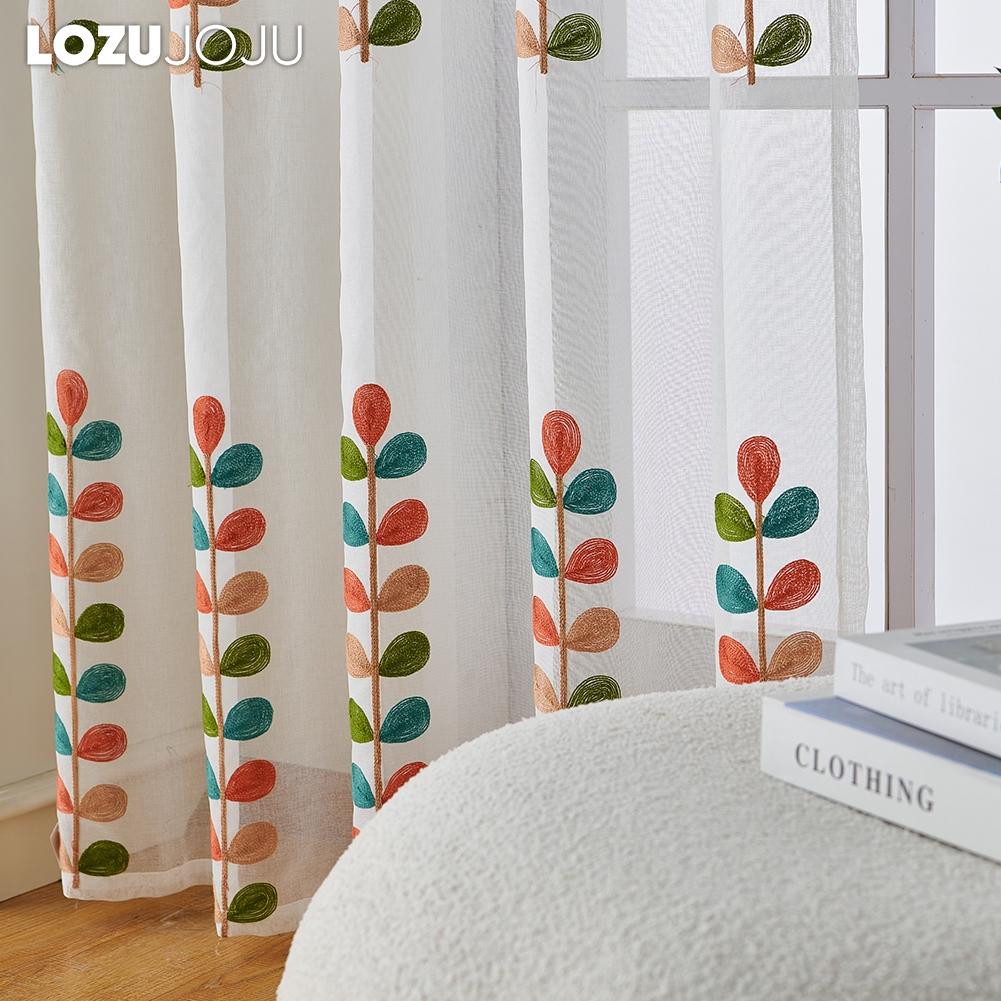 1PC LOZUJOJU White Tulle Modern Rural Style Embroidered Colorful Sheer Curtaint Window Drape for Living Room Bedroom Home Decor