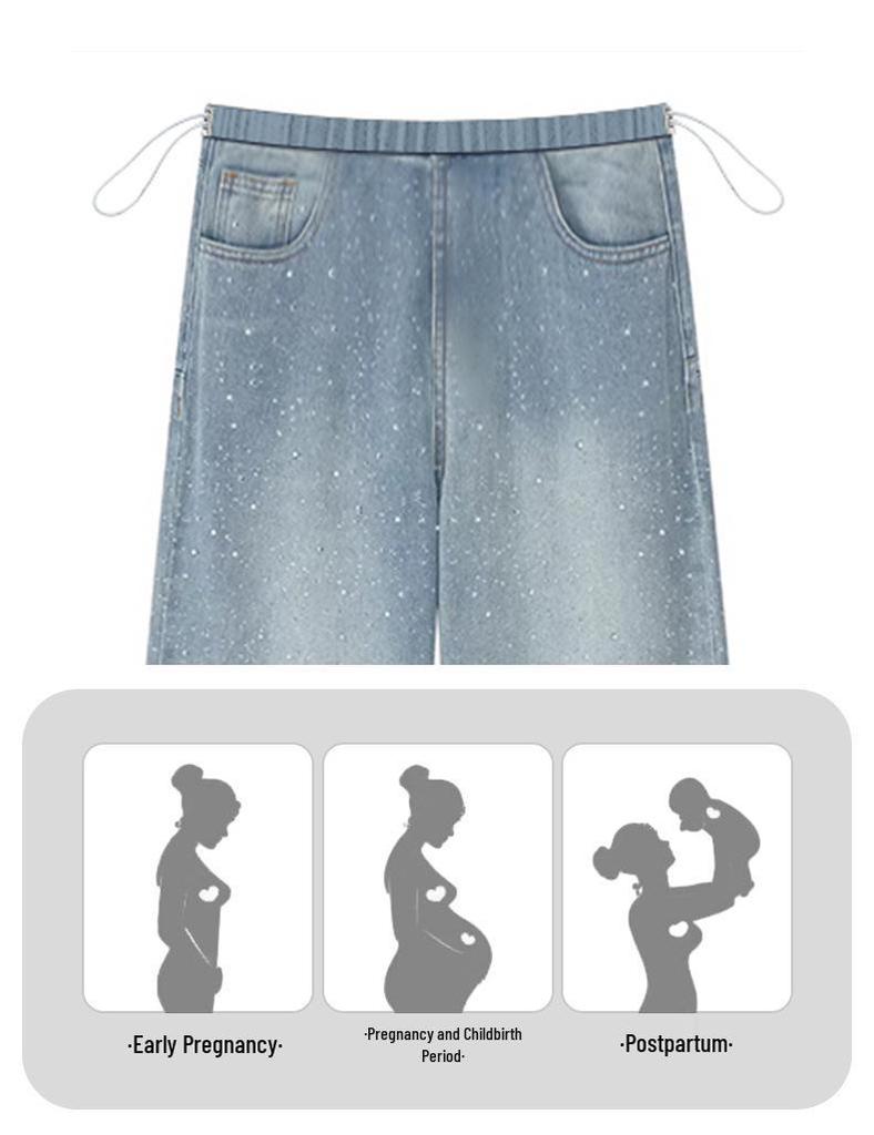 Rhinestone Star Maternity Wide-Leg Jeans - Spring/Autumn Casual Fit