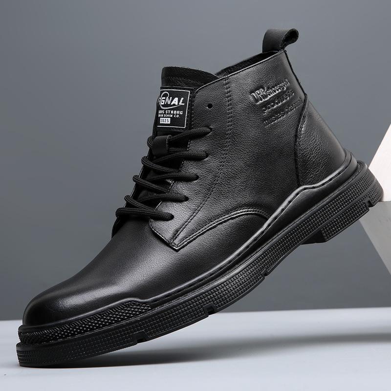 Leather Men's Leather Shoes British Style Fleece Warm First Layer Cowhide Medium Leather Boots Men's Casual Medium and High Top Boots Men's