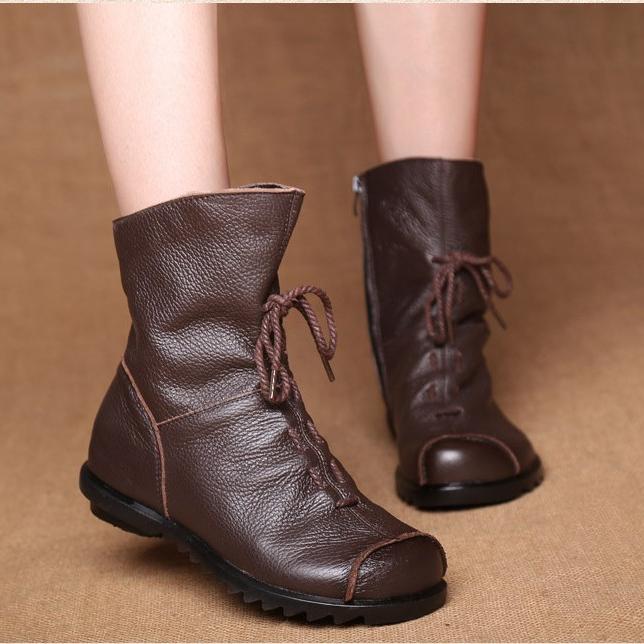 Dámské krátké kozačky z pravé kůže Plyš Retro Ležérní Podzim Zima Dámské Kozačky Voděodolné kožené teplé Sněhule