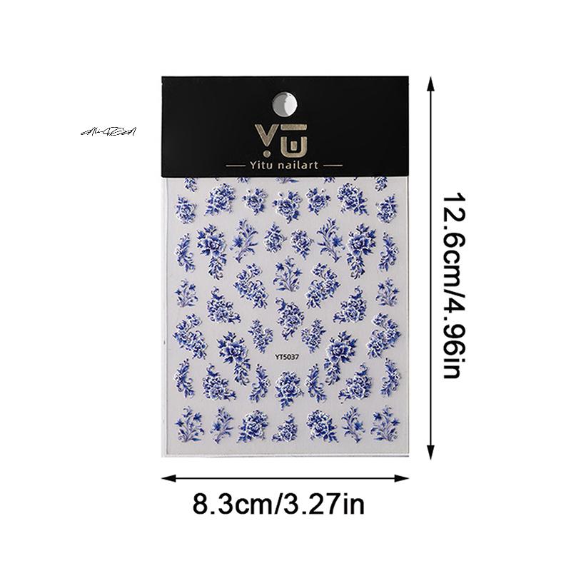 Blue White Porcelain Chinese Style 3D Self Adhesive Nail Art Stickers Flower Silverback Manicure Decals for DIY Salon