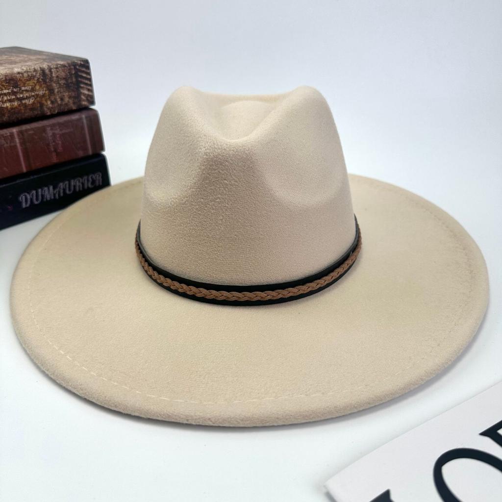 Hot autumn and winter new European and American style monochrome men's and women's belt hats simple woolen flat brim big edge jazz hats