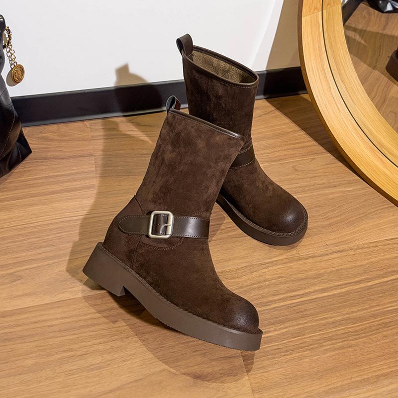 Cigarette Boots for Petite Figures Platform Sole Hidden Wedge Heels Cotton Boots Belt Buckle Western Cowboy Style Motorcycle Mid-calf Boots 39 коричневый 5990₽