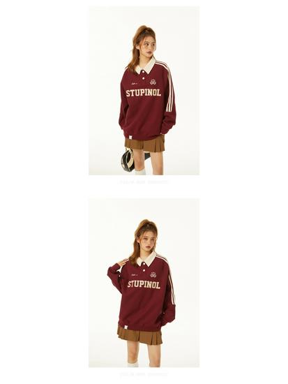 2025 Plus Size Retro College Style Polo Collar Sweatshirt for Women - Spring & Autumn Trendy