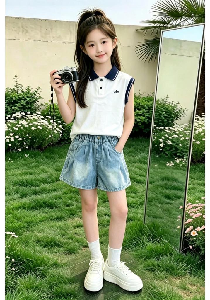 Girls' Cat Cartoon Summer T-shirt & Denim Shorts Two-Piece Set (2026)